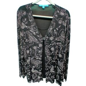 Sharon Anthony 1X‎ Black Silver Metallic Floral Layered Cardigan Top Whimsigoth